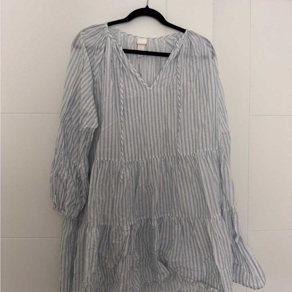 H&M Light Blue & White Striped Tiered Mini Dress